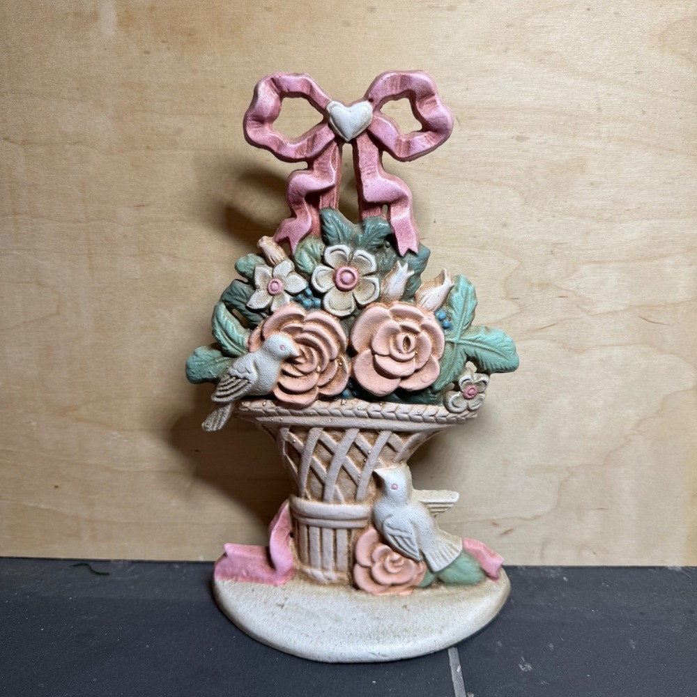 Vintage Cast Iron Flower Basket Doorstop Pink Bow Roses Birds Cottagecore Decor